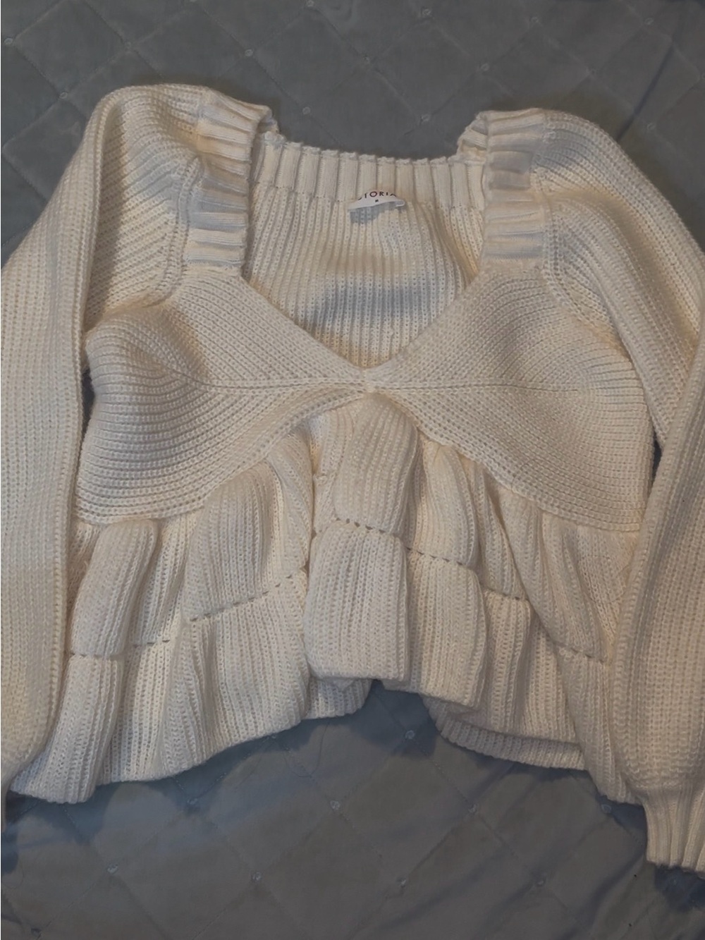 Storia Cream Ruffle-Tier V-Neck Knit Sweater